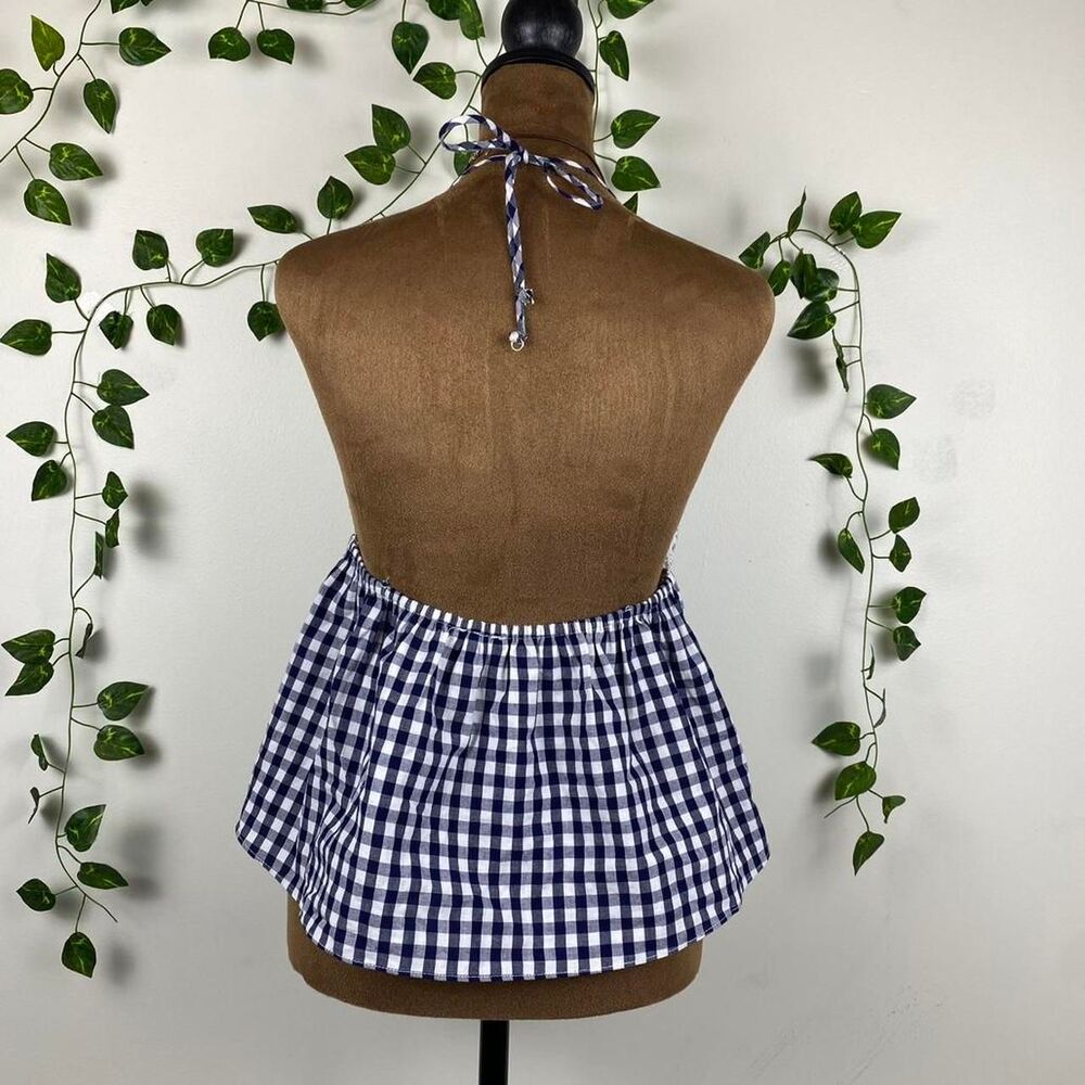 Nia white & blue gingham halter top lace trim v-neck babydoll navy cottage fairy - Picture 2 of 5